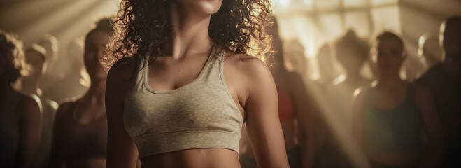 A woman performs aerobic dance in heated fitness studio as strong sunlight creates rim light and a soft silhouette warm tones energetic movement lively upbeat routine.