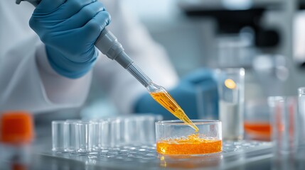 Scientist using auto-pipette to transfer orange liquid into petri dish in laboratory setting, surrounded by consumables, illustrating precision, research, and innovation in scientific experimentation