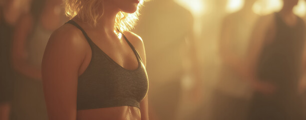 A woman performs aerobic dance in heated fitness studio as strong sunlight creates rim light and a soft silhouette warm tones energetic movement lively upbeat routine.