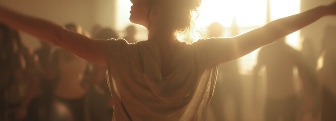A woman performs aerobic dance in heated fitness studio as strong sunlight creates rim light and a soft silhouette warm tones energetic movement lively upbeat routine.