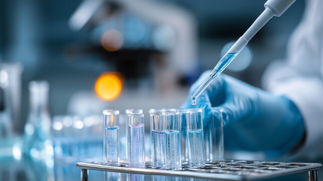 Scientist conducting experiment using auto-pipette with test tubes, gloved hand dispensing blue liquid in a controlled lab setting, symbolizing precision, research and modern laboratory innovation