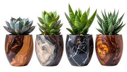 Collection of Four Decorative Succulent Plants in Unique Decorative Pots Against Transparent Background