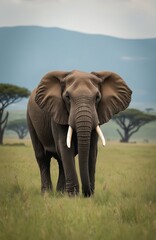 Obraz premium African elephant walks in short grass with acacia trees and hills in background. Large mammal with tusks in savanna habitat. Wildlife portrait, majestic animal in natural environment.