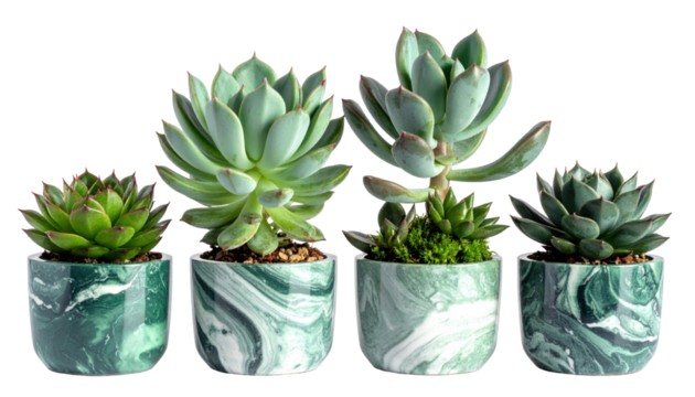 Collection of Four Distinctive Succulent Plants in Marbled Pots on a Transparent Background