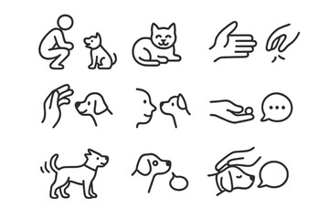 Obraz premium Street Pet Interaction Icons. Interacting with street pets. Line icon set of interacting with street pets: crouching person, happy dog, relaxed cat, petting