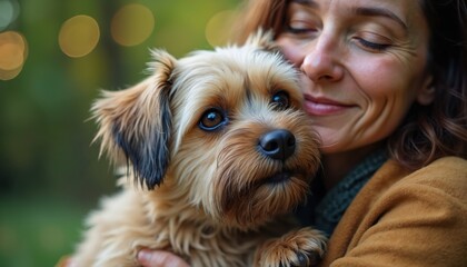 Happy woman hugs beloved small shaggy dog tightly. Eyes closed, feels pure joy, deep affection for animal. Furry pet looks forward with bright warm eyes. Tender moment shows strong bond, happiness,