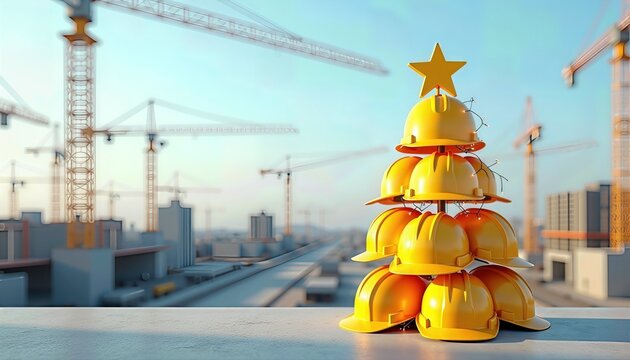 Christmas tree made of construction helmets . construction companies and Christmas