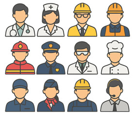 Diverse Occupations Icons: a collection of diverse professional individuals, each in their respective uniforms, symbolizing a spectrum of career paths and occupations.