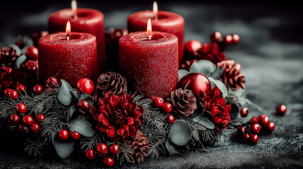 Festive red candles surrounded by holiday decorations for a cozy winter atmosphere