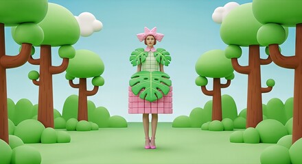 A woman in a whimsical floral dress poses in a stylized, cartoonish forest scene.