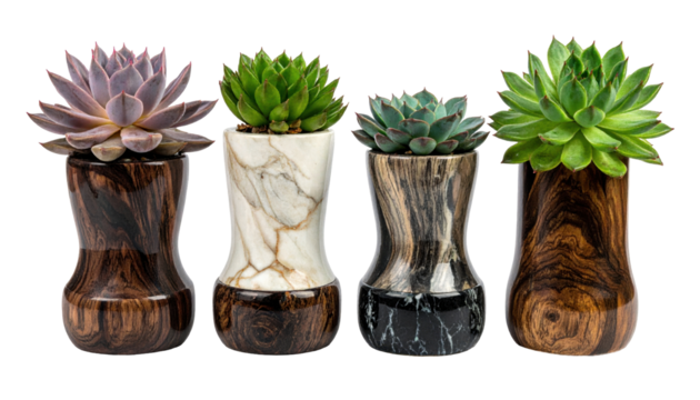 Collection of Four Unique Succulent Plants in Stylish Wooden Pots on Transparent Background