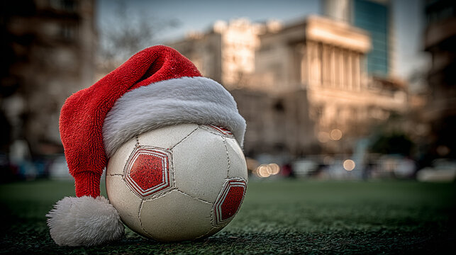 Festive soccer ball wearing Santa hat on a city street during holiday season