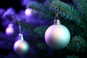 Sparkling ornaments hang from a green tree during festive winter celebrations in December at night
