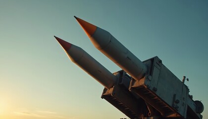 Two large combat missiles point at blue sky. Old military launcher shows defense power. Ballistic weapon system means war, army strength, global threat readiness, geopolitical tension. Represents