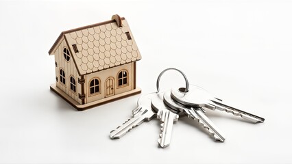 A detailed miniature wooden house model stands beside a set of shiny silver keys on a clean white background. This image evokes concepts of home ownership, real estate, and security.