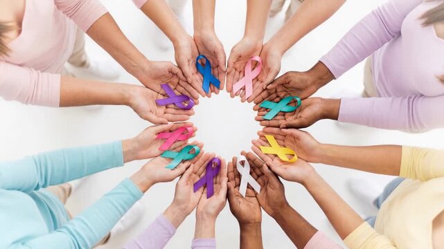 Diverse hands holding multicolored cancer awareness ribbons in a united circle for world cancer fight.