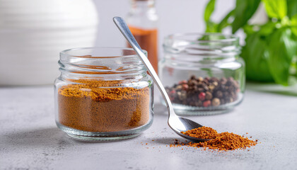 Ground glass jar of ground paprika spice with spoon and spilled powder on kitchen counter, peppercorn jar and fresh basil in soft background for warm aromatic cooking inspiration