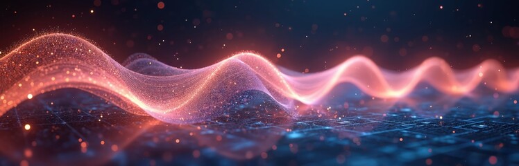 Abstract digital wave pattern with glowing orange particles on dark blue background. Network grid connection with futuristic data visualization. Innovative tech concept with flowing particles in 3D