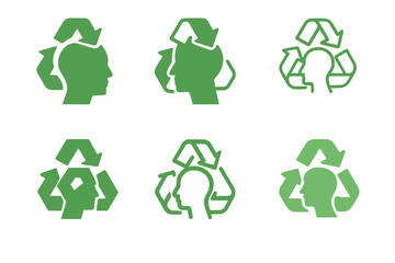 Obraz premium Eco-friendly Logo Variations. Eco-friendly mindset. Icon set. Set Logo of eco-friendly mindset: recycling arrows around head. harmonious logo variations of the