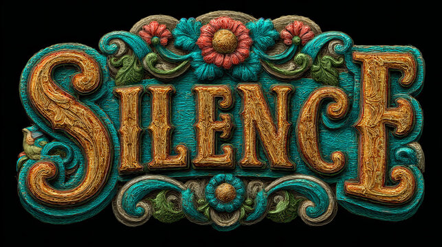 Creative wall art design showcasing the word 'Silence' surrounded by floral patterns and an ornate style in vibrant colors