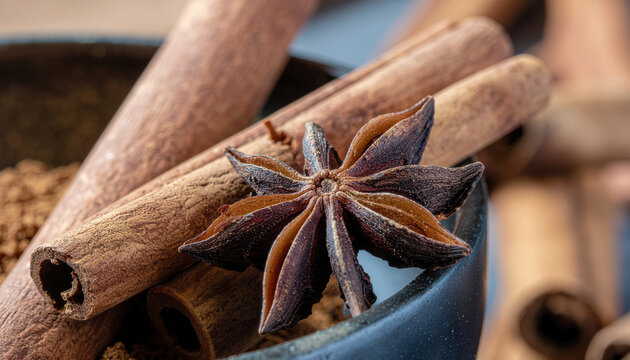 Star anise and cinnamon stick spice close up, textured brown pods and powdered spice evoke warm aromatic mood - Powered by Adobe