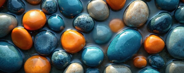 Close up of water and smooth pebbles. Orange and blue stones under clear liquid. Rocks display patterns, texture. Round shapes create a nature pattern. Mineral stones ideal for spa or zen theme.
