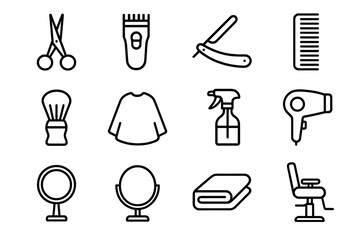 Obraz premium Barber Tools Icons. Barber tools. Line icon set of Barber tools: scissors, hair clipper, straight razor, comb, shaving brush, barber cape, spray bottle, hair