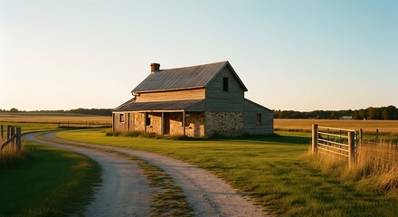 Old Farmhouse in a Rural Landscape at Sunset.