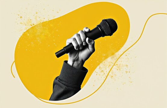 Hand holds microphone. Art illustration vibrant yellow background. Visual presents voice recording, podcasting live show. Graphic suitable for speaker performance, broadcast media, audio content,