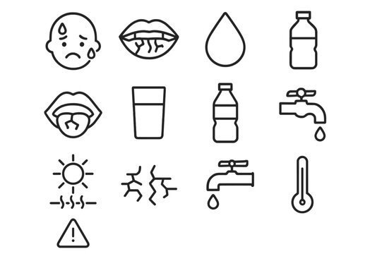 Dehydration Icon Set. Thirst and dehydration. Line icon set of thirst and dehydration: sweating face, parched lips, droplet, dry mouth, glass,