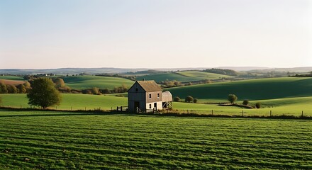 Old rustic barn standing alone in rolling green countryside fields at sunset.