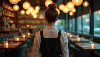 Young woman waitress stands in modern restaurant interior. Wears uniform. Warm golden lights illuminate cozy dining tables. Clean elegant setting ready for guests to enjoy evening meal service. Pro