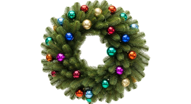 Evergreen Christmas Wreath Decorated with Colorful Shiny Ornaments, cutout, PNG isolated on white or transparent background