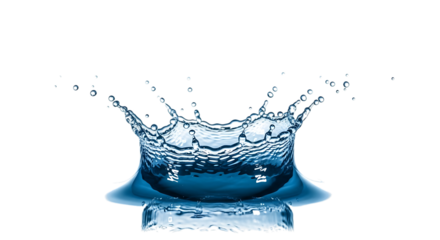 Dynamic blue water splash forming a crown shape with droplets, cutout, PNG isolated on white or transparent background liquid