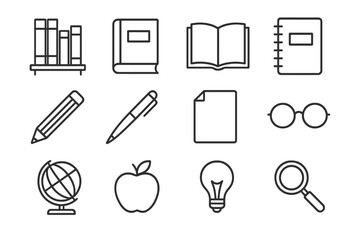 Textbook Library Icons. Textbook library. Line icon set of textbook library: bookshelf, textbook, open book, notebook, pencil, pen, paper sheet, glasses,