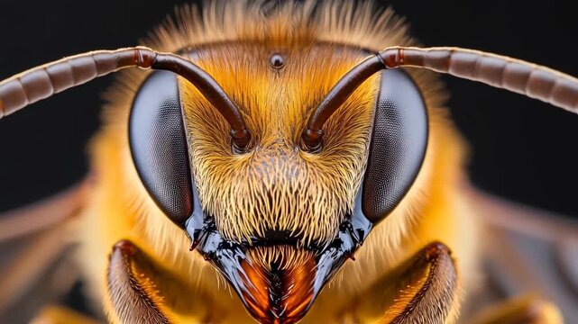 Bee Close-up: a striking macro view of a bee's face, revealing intricate details of its compound eyes and fuzzy texture.