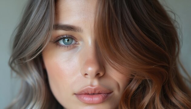 Woman shows hair color contrast. One side is gray white shade the other is warm brown. This split tone effect highlights hair dye transformation.