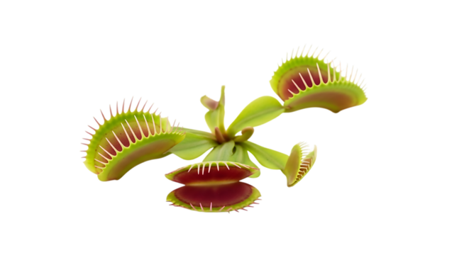 Venus Flytrap Plant with Open and Closed Traps and Reflection, cutout, PNG isolated on white or transparent background Dionaea muscipula