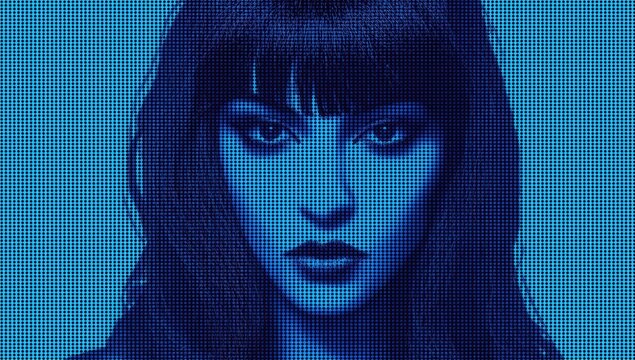 Futuristic blue digital portrait of a womans face with glitch effect, symbolizing cyber technology