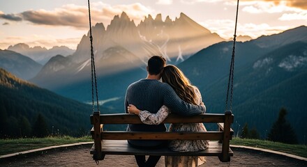 Romantic couple embracing on a swing watching the sunset over mountains.