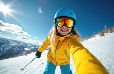 Young girl skis down snowy mountain slope. She smiles happily wearing a yellow jacket blue pants and helmet. Sun shines brightly on this winter day.