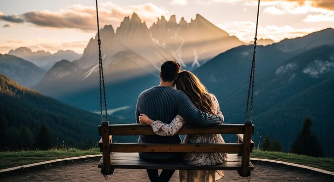 Romantic couple embracing on a swing watching the sunset over mountains. - Powered by Adobe