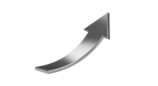 Shiny Silver 3 D Arrow Pointing Upwards on a Curved Path, cutout, PNG isolated on white or transparent background growth
