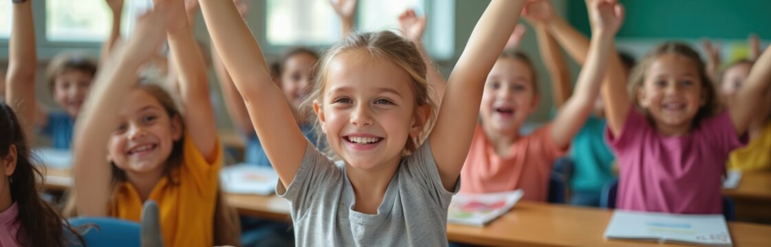 Happy children raise hands in class. Kids study in modern classroom. Education and school concept. Pupils sitting at desks with enthusiasm. Diverse students ready answer question enjoy learning. - Powered by Adobe