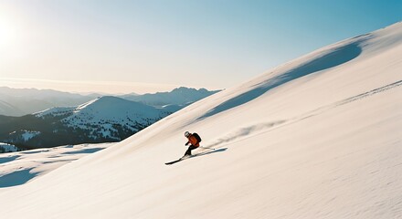 Skier descending a snow-covered mountain slope on a sunny winter day.