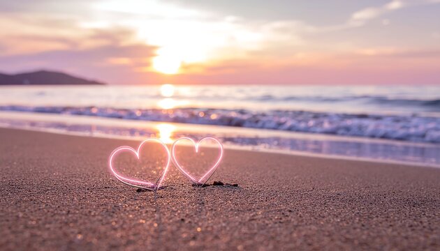 Romantic scene of two luminous hearts nestled in the sand on a serene beach at sunset with a beautiful ocean view