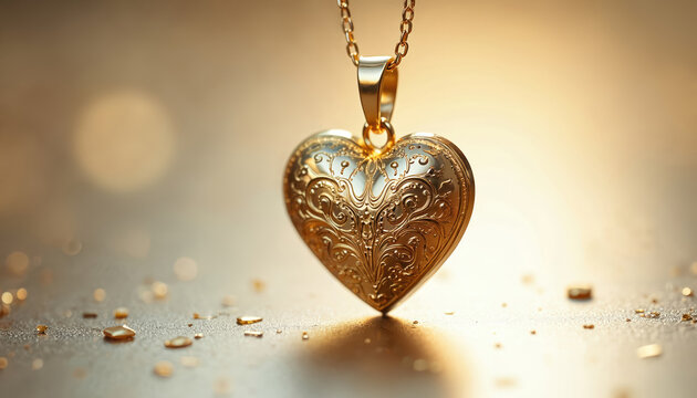 Heart shaped gold pendant lies on surface. Golden necklace chain has luxury design. Stylish love gift idea. Romantic jewelry present on Valentines Day event for woman. - Powered by Adobe