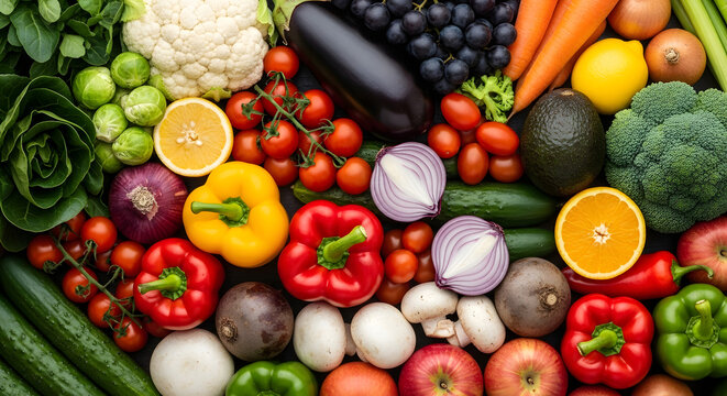 Vibrant assortment of fresh produce for healthy lifestyle promotion and organic food concepts, showcasing colorful fruits and vegetables