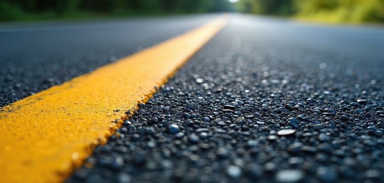 Close up of road surface with yellow line in center. Asphalt road with fresh tarmac texture. Empty new highway stretches to horizon through plants landscape. Concept transport infrastructure for