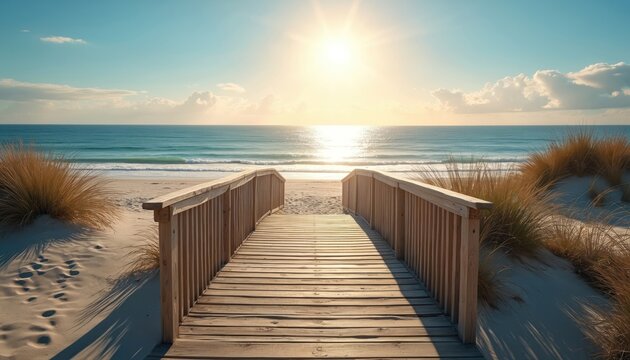 Wooden footpath leads to sandy beach with calm ocean waves at sunrise. Boardwalk with railings goes through sand dunes with grass. Empty seaside landscape with blue sky and sun reflection on water.
